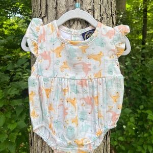 NWOT Baby Girl Dino Print Ruffled Sleeve Romper - Pastel Mint, Peach & Yellow